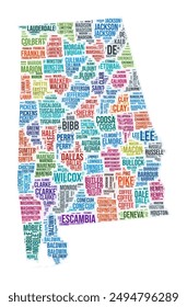 In: Alabama County Word Cloud. In: State Shape Design. In: Alabama Coloured Illustration. In: County names collage cloud. Vektorillustration.