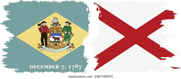 Alabama and Delaware states grunge brush flags connection, vector