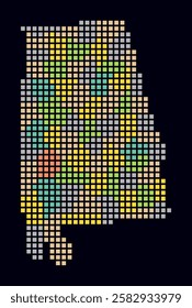 Alabama dotted map. Digital style map of the state on dark background. Alabama shape with square dots. Colored dots style. Large size squares. Trending vector illustration.