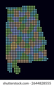 Mapa de Alabama. Mapa de estilo digital del estado sobre fondo oscuro. Forma de Alabama con puntos circulares. Estilo de puntos de colores. Círculos de tamaño Grande. Ilustración vectorial Abstractas.