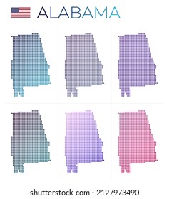 Alabama dotted map set. Map of Alabama in dotted style. Borders of the US state filled with beautiful smooth gradient circles. Trendy vector illustration.