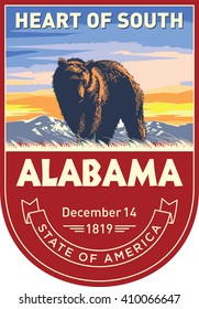 Alabama, emblem of the U.S. state, black bear at dawn on a red background