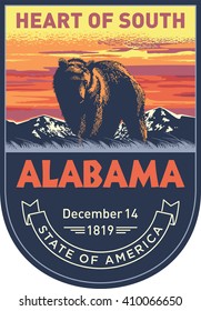 Alabama, emblem of the U.S. state, black bear at sunset on a blue background