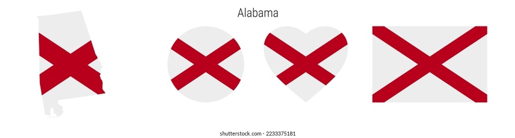 Alabama flag icon set. American state pennant in official colors and proportions. Rectangular, map-shaped, circle and heart-shaped. Flat vector illustration isolated on white.