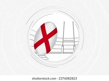 Alabama flag on rugby ball, lined circle rugby icon with ball in a crowded stadium. Vector sport emblem on abstract background.