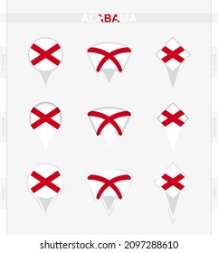 Alabama flag, set of location pin icons of Alabama flag. Vector illustration of national symbols.