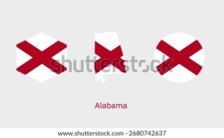 Alabama flag set. Alabama USA flag vector. Alabama flag map, hexagon, and circle