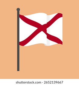 Bandeira do Alabama acenando em um mastro contra um pano de fundo de pêssego macio. Ilustração vetorial para projetos editoriais, educacionais, patrióticos ou de design que envolvem símbolos estatais dos EUA e patrimônio do sul