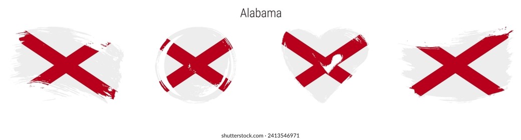 Juego de iconos de la bandera de estilo grunge dibujado a mano en Alabama. Banner del estado de Estados Unidos con colores oficiales. Forma de trazo de brocha libre, círculo y forma de corazón. Ilustración vectorial plana aislada en blanco.