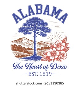 Alabama The Heart of Dixie - US State Vintage T-shirt Vector, USA States Cityscape Landmark Icons, American State Typography Shirt, USA Skyline Clipart, Retro travel city illustration