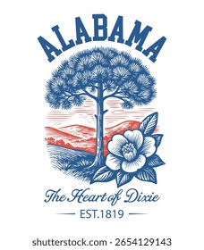 Alabama The Heart of Dixie - Estados Unidos da América Cityscape T-shirt Vetor, Ícones americanos de referência, Vintage Estados Cityscape Camisa, Retro Travel City Art, Estados Landmark Quotes, Estado Vacation Illustration