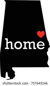 Alabama home state - black state map with Home written in white serif text with a red heart. Isolated on white background