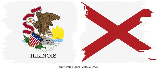 Alabama and Illinois states grunge brush flags connection, vector