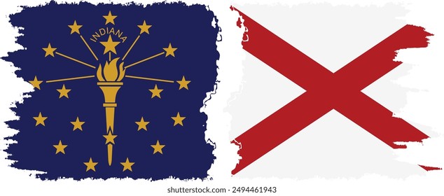 Alabama and Indiana states grunge brush flags connection, vector