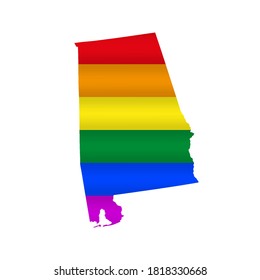 Alabama LGBT flag map. Vector illustration. Slightly wavy rainbow gay pride flag map.