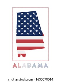 Alabama Logo. Map of Alabama with us state name and flag. Cool vector illustration.