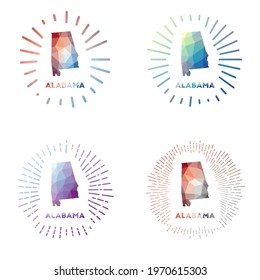 Alabama low poly sunburst set. Logo of US state in geometric polygonal style. Vector illustration.