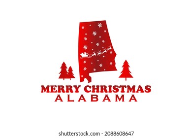 Alabama map with Christmas Santa claus on Sleigh and his reindeers Flying over state