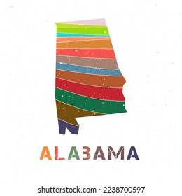 Alabama map design. Shape of the US state with beautiful geometric waves and grunge texture. Astonishing vector illustration.