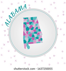 Alabama map design. Map of the us state with regions in emerald-amethyst color palette. Rounded travel to Alabama poster with us state name and airplanes background. Attractive vector illustration.