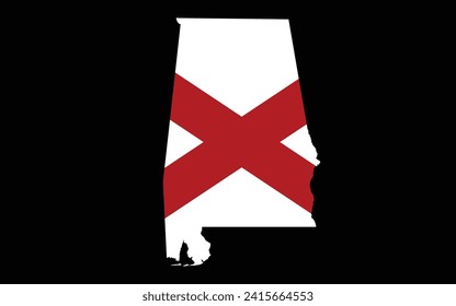 Alabama Map Flag. Karte von Alabama, USA mit der Staatsflagge von Alabama. 