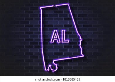 Alabama mapea lámpara de neón brillante o tubo de vidrio. Ilustración vectorial realista. Muro de ladrillo negro, sombra suave.