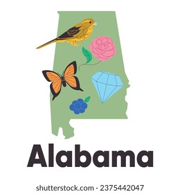 Alabama map icon of united states symbol yellow hammer bird butterfly camelia flower blackberry vector illustration