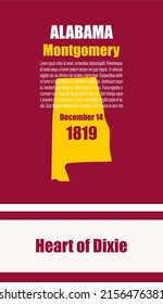 Alabama map with information. American state infographic template in colors of Alabama flag. USA travel postcard, poster concept design