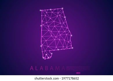 Alabama Map mash line and point scales on purple technology background. Wire Frame 3D mesh polygonal network line, design sphere, dot and structure -  Vector illustration eps 10
