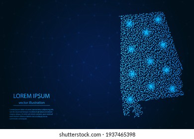 Alabama map from point blue and glowing stars on a dark background. Vector eps 10.