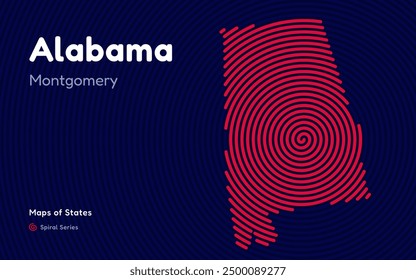 Alabama Map in Spiral Formation: Montgomery Takes Center Stage. Fingerprint and stripes pattern. American states maps