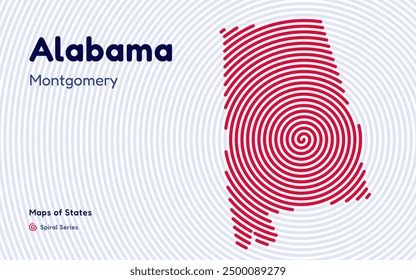 Alabama Map in Spiral Formation: Montgomery Takes Center Stage. Fingerprint and stripes pattern. American states maps