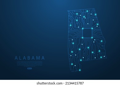 Alabama Map - United States of America Map vector with Abstract futuristic circuit board. High-tech technology mash line and point scales on dark background - Vector illustration ep 10