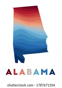 Alabama map. Map of the US state with beautiful geometric waves in red and blue colors. Vivid Alabama shape. Vector illustration.