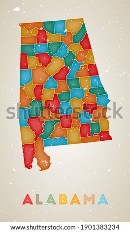 Alabama map. Us state poster with colored regions. Old grunge texture. Vector illustration of Alabama with us state name.