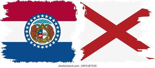 Alabama and Missouri states grunge brush flags connection, vector