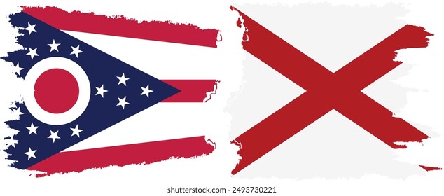 Alabama and Ohio states grunge brush flags connection, vector