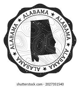 Alabama outdoor stamp. Round sticker with map of us state with topographic isolines. Vector illustration. Can be used as insignia, logotype, label, sticker or badge of the Alabama.