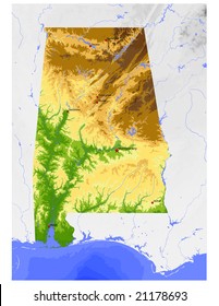 Alabama. Physical vector map, colored according to elevation, with rivers, ocean depths and selected cities. Surrounding territory greyed out. 42 layers, fully editable.