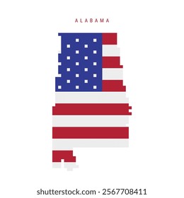 Alabama pixel flag map icon. 8 bit pixel art map covered with american flag. Flat vector illustration isolated on white background.