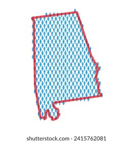 Mapa poblacional de Alabama. Las figuras de palo que la gente mapea con el atrevido borde rojo translúcido del estado. Patrón de iconos de hombres y mujeres. Ilustración vectorial aislada. Trazo editable.