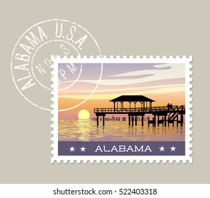 Alabama, estampado postal. ilustración vectorial de la costa del golfo con muelle de pesca. sello postal en capa independiente