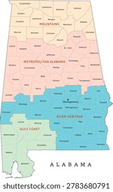 Alabama regions map with counties. Colored. Vectored