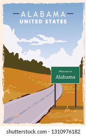 Afiche retro del cartel de la carretera de Alabama. Ilustración de viaje de USA Alabama. Tarjeta de felicitación de los Estados Unidos de América. ilustración vectorial.