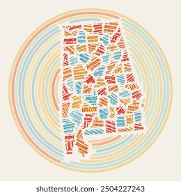 Alabama Round Poster. Typography style image of State. Counties word clouds of Alabama. Vintage image design with scratch texture.
