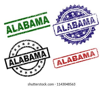 ALABAMA seal prints with corroded surface. Black, green,red,blue vector rubber prints of ALABAMA title with scratched surface. Rubber seals with round, rectangle, medallion shapes.