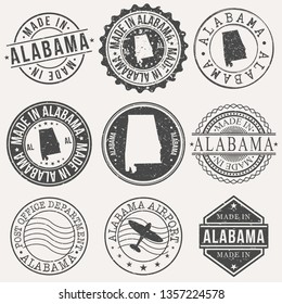 Alabama Set of Stamps. Travel Stamp. Made In Product. Design Seals Old Style Insignia.