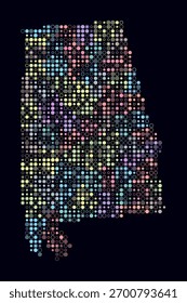 Alabama, forma de la construcción estatal de células de color. Mapa de estilo digital de Alabama sobre fondo oscuro. Bloques circulares de tamaño Pequeño. Ilustración vectorial simple.