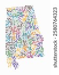 Alabama, shape of the state built of colored cells. Digital style map of Alabama on white background. Small size circle blocks. Trending vector illustration.