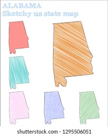 Alabama sketchy us state. Enchanting hand drawn us state. Grand childish style Alabama vector illustration.